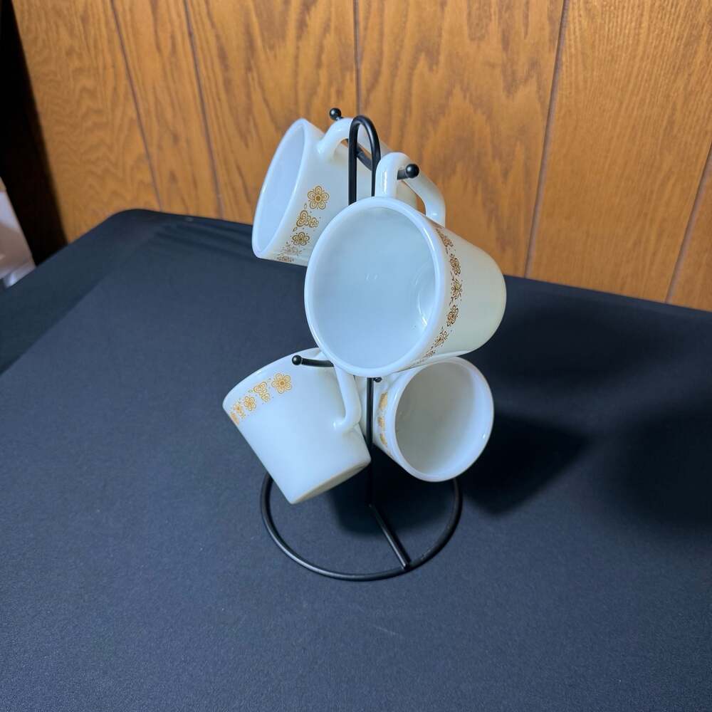 Vintage Pyrex Butterfly Gold Milk Glass Mugs Set of 4 with Stand